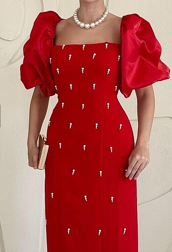 Kırmızı balon kol inci model abiye