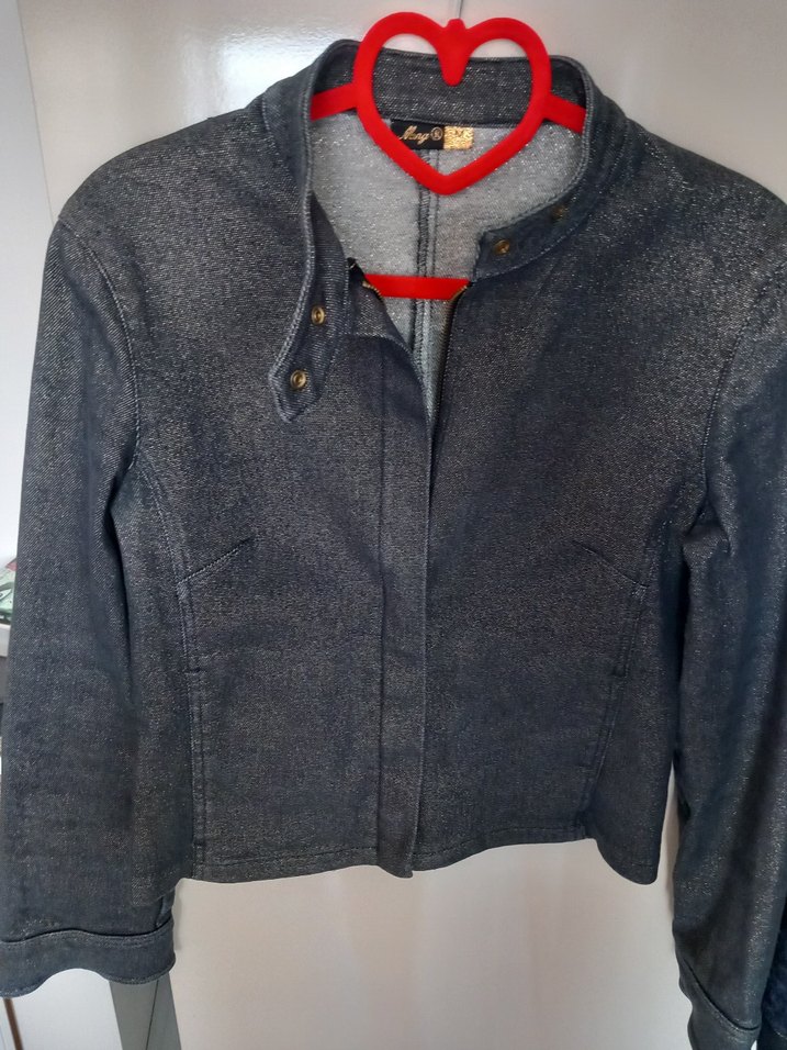 Gri Kadın Denim Biker Ceket Düğmeli - Görsel 3