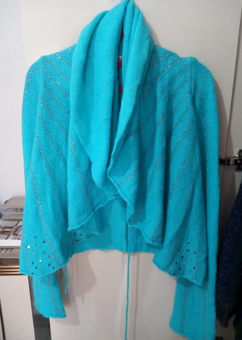 Turkuaz V Yakalı Örgü Kadın Hırka - Görsel 2