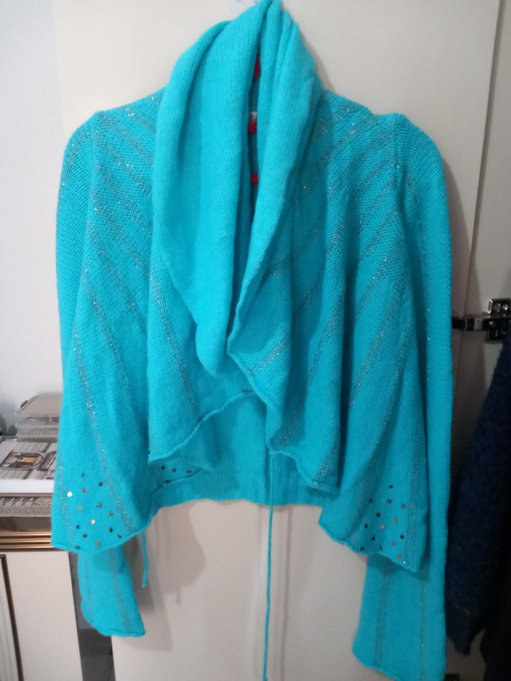 Turkuaz V Yakalı Örgü Kadın Hırka - Görsel 2