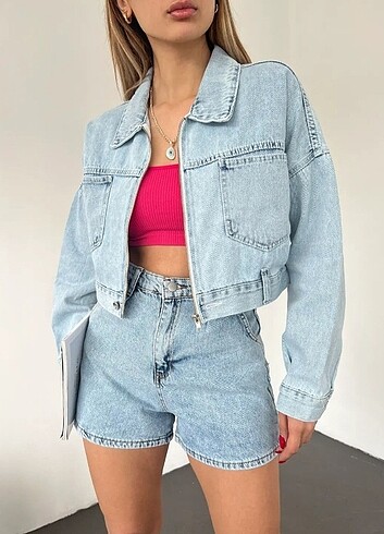 FERMUARLI CEPLİ KOT KUMAŞ CROP CEKET
