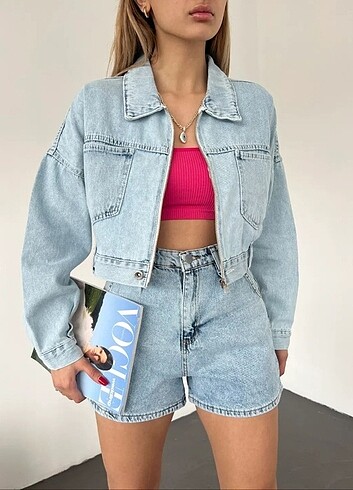 xl Beden FERMUARLI CEPLİ KOT KUMAŞ CROP CEKET