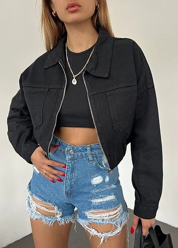 xl Beden FERMUARLI CEPLİ CROP KOT CEKET