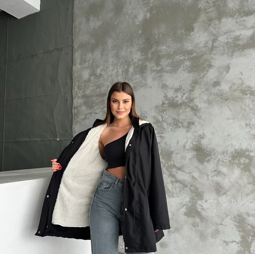 KAPÜŞONLU ÇİFTCEPLİ İÇİ PELUŞ DIŞI BONDİTKUMAŞ TRENÇKOTRENKSİYAH - Görsel 3