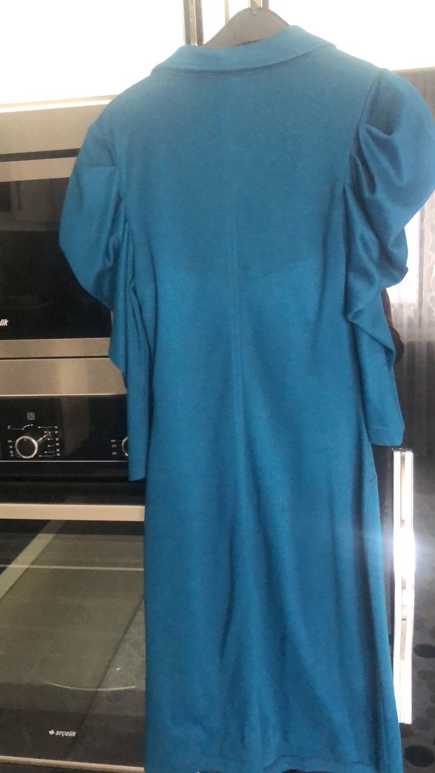 Mavi V Yaka Midi Drapeli Elbise - Görsel 2