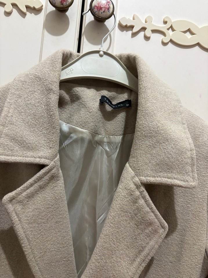 Bej Midi Kadın Keten Palto kaban - Görsel 3