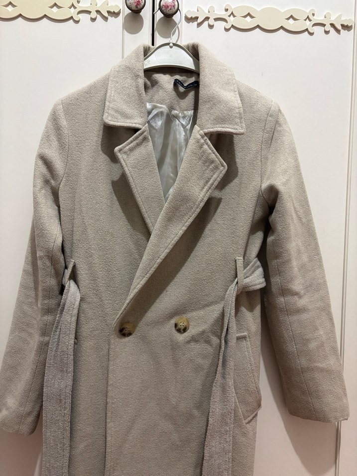 Bej Midi Kadın Keten Palto kaban - Görsel 2