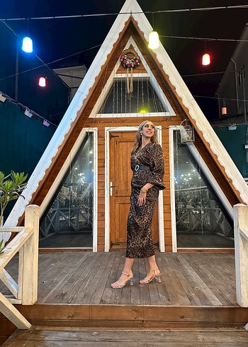 Kahverengi Leopar Desenli Uzun Bohem Elbise - Görsel 2