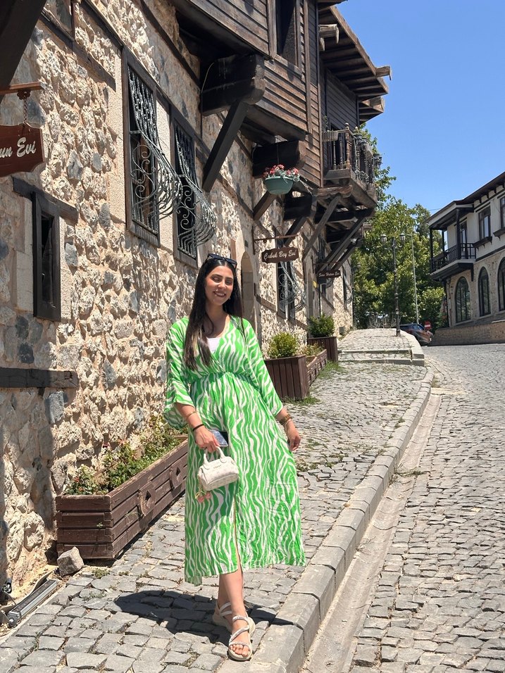 Yeşil Zebra Desenli Bohem Uzun Elbise - Görsel 3