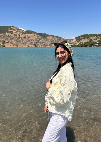 Beyaz Bohem Transparan Midi Kadın Ceket - Görsel 3