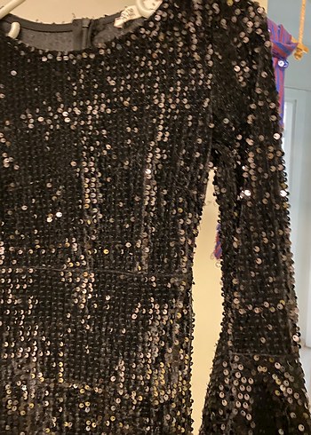 Siyah Payetli Uzun Kollu Kadın Abiye Elbise - Görsel 2