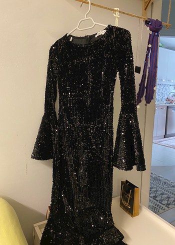 Siyah Payetli Uzun Kollu Kadın Abiye Elbise - Görsel 3