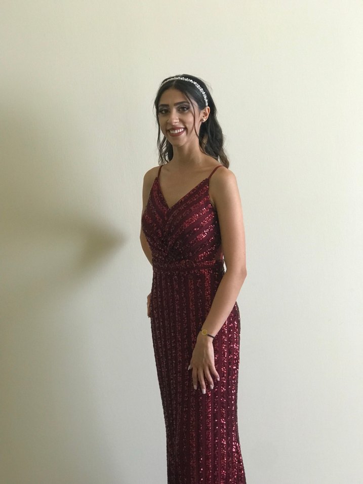 Parlak Bordo Yılan Desenli Uzun Abiye Elbise - Görsel 4