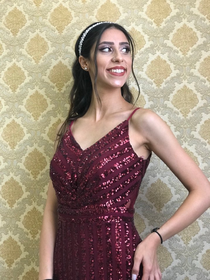 Parlak Bordo Yılan Desenli Uzun Abiye Elbise - Görsel 2