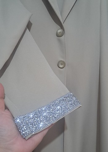 Bej Uzun Kadın ceket pantolon takim Düğmeli - Görsel 2