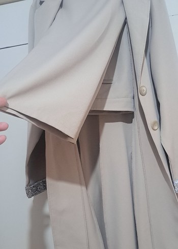 Bej Uzun Kadın ceket pantolon takim Düğmeli - Görsel 4