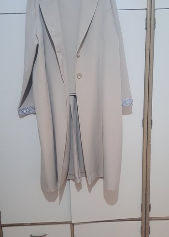 Bej Uzun Kadın ceket pantolon takim Düğmeli - Görsel 5