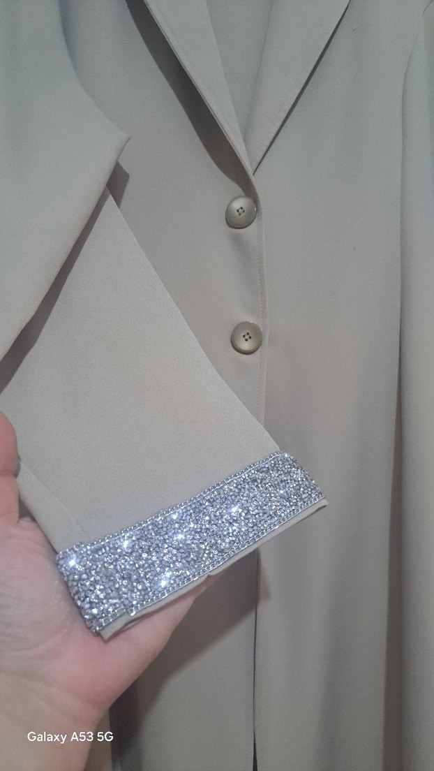 Bej Uzun Kadın ceket pantolon takim Düğmeli - Görsel 2