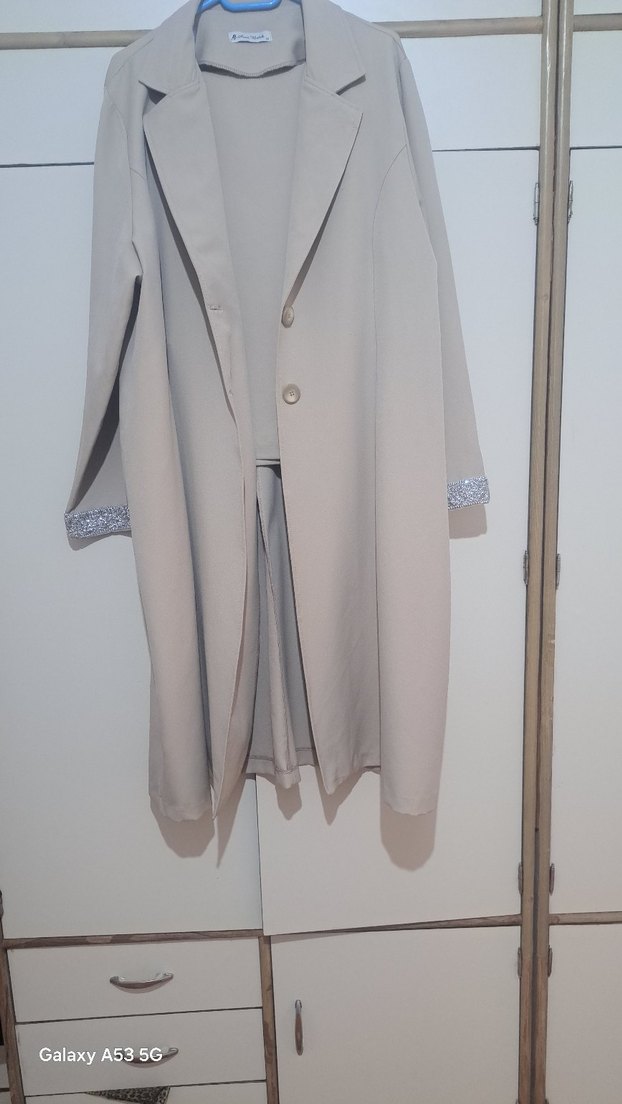 Bej Uzun Kadın ceket pantolon takim Düğmeli - Görsel 5