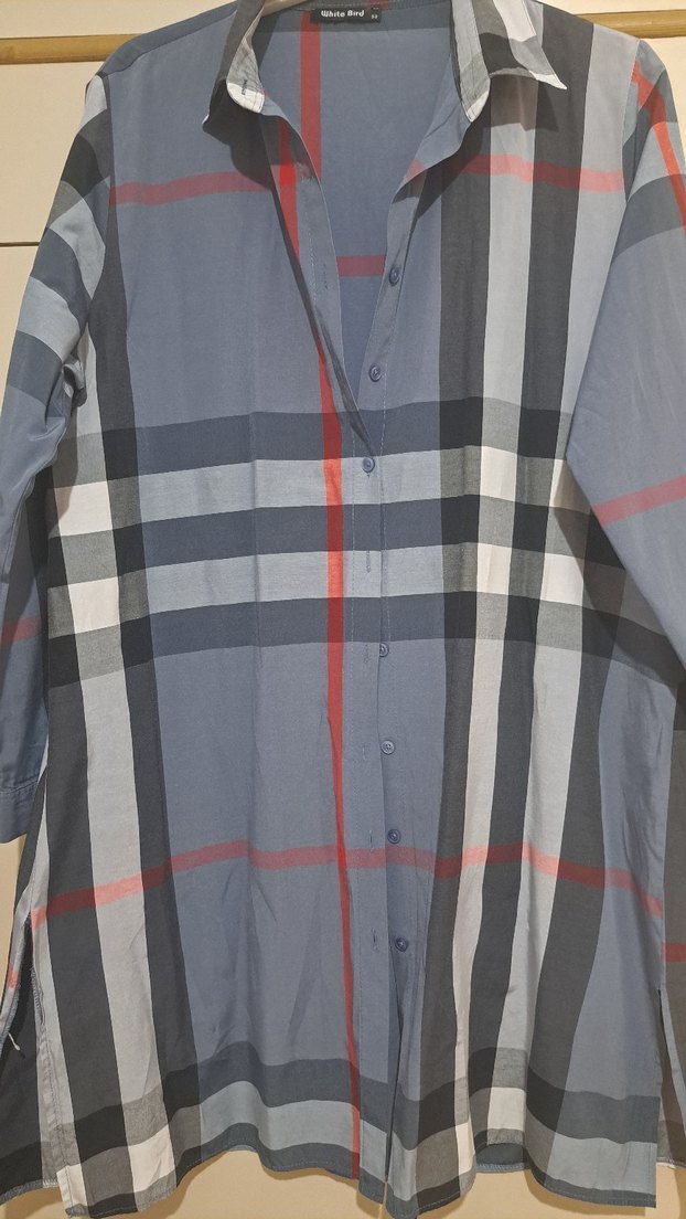 Gri Ekose Düğmeli Uzun Kollu Kadın Gömlek - Görsel 4