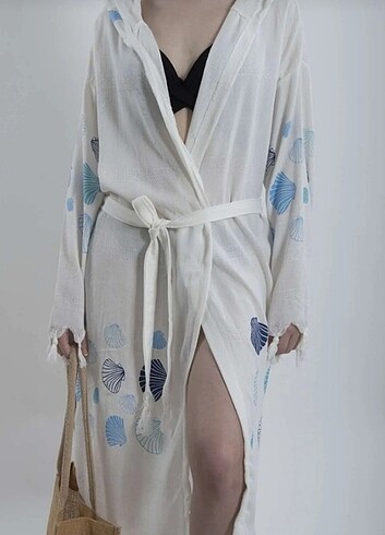 organik naturel pamuklu kumaş şık ve zarif peştemal bornoz - Görsel 2