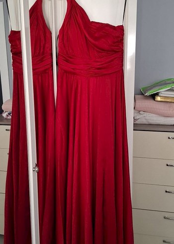 Parlak Kırmızı Drapeli Straplez Uzun Abiye - Görsel 3