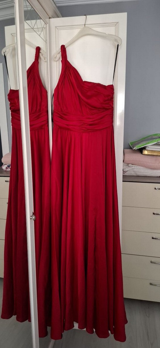 Parlak Kırmızı Drapeli Straplez Uzun Abiye - Görsel 3