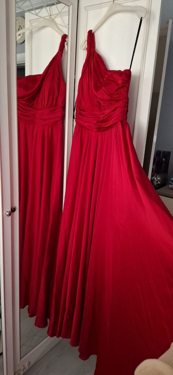 Parlak Kırmızı Drapeli Straplez Uzun Abiye - Görsel 2