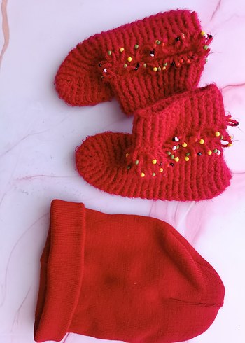 Kırmızı Örgü çocuk Bere ve cocuk panduf - Görsel 3