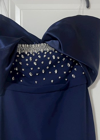 Lacivert Drapeli Straplez Abiye Elbise - Görsel 2