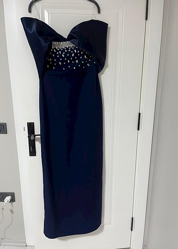 Lacivert Drapeli Straplez Abiye Elbise - Görsel 3