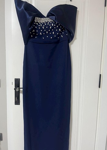 Lacivert Drapeli Straplez Abiye Elbise - Görsel 4