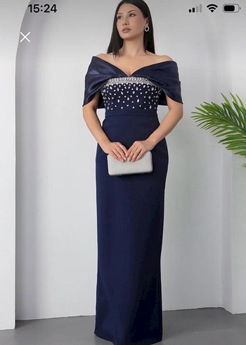 Lacivert Drapeli Straplez Abiye Elbise - Görsel 5