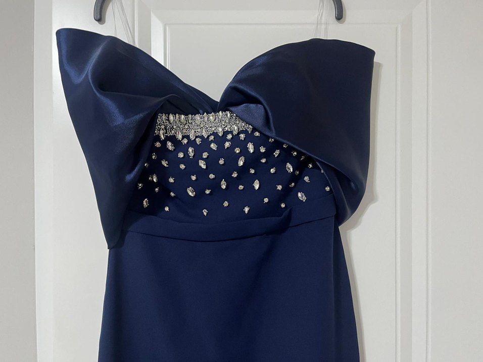 Lacivert Drapeli Straplez Abiye Elbise - Görsel 2