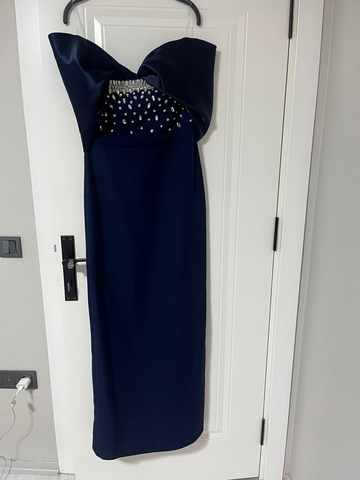 Lacivert Drapeli Straplez Abiye Elbise - Görsel 3