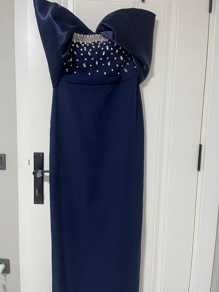 Lacivert Drapeli Straplez Abiye Elbise - Görsel 4