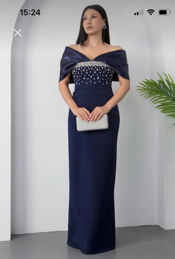 Lacivert Drapeli Straplez Abiye Elbise - Görsel 5