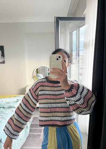 Renkli Bağlama Desenli Örgü Kadın Kazak - Görsel 2