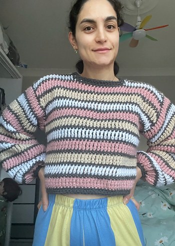 Renkli Bağlama Desenli Örgü Kadın Kazak - Görsel 3