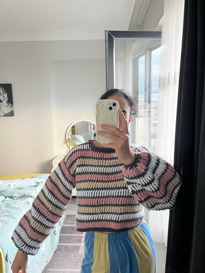 Renkli Bağlama Desenli Örgü Kadın Kazak - Görsel 2