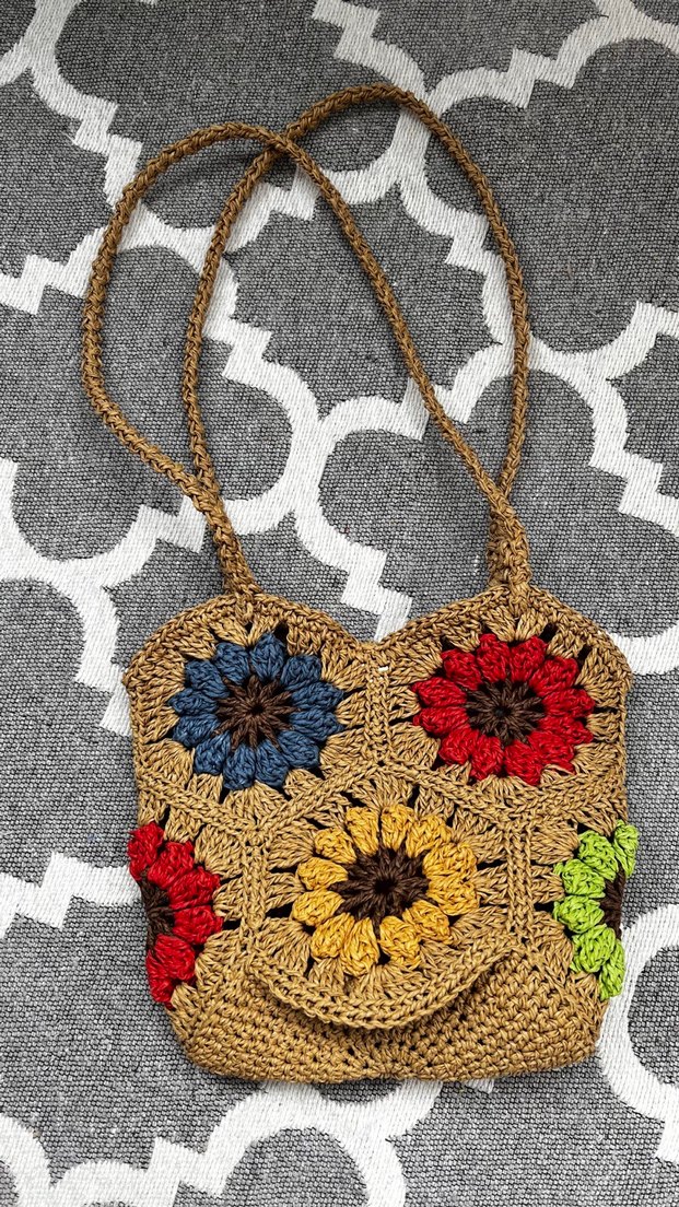 Renkli Çiçekli Örgü Bohem Kadın Çantası - Görsel 2
