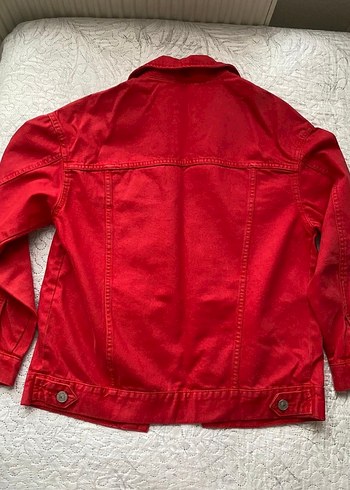 Düğmeli Kırmızı Kadın Oversize Denim Ceket - Görsel 2