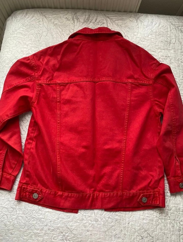 Düğmeli Kırmızı Kadın Oversize Denim Ceket - Görsel 2