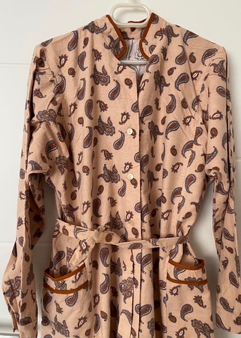 Vintage Bohem Uzun Kollu Bej Elbise - Görsel 3