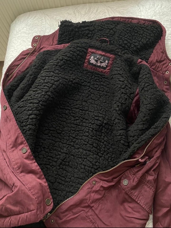 Bordo Kapüşonlu Düğmeli Kadın Ceket - Görsel 2