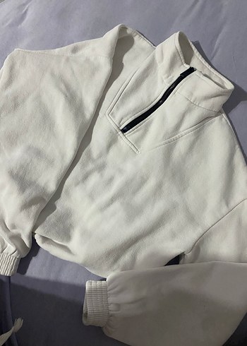 Fermuarlı Beyaz Kadın Sweatshirt
