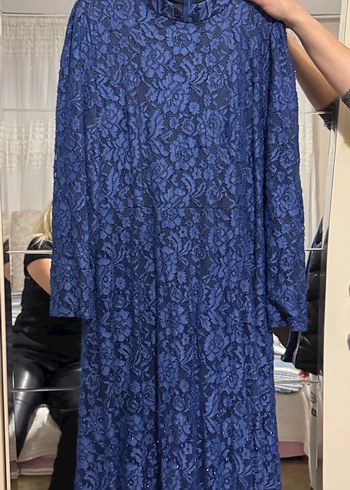 Lacivert Dantelli Uzun Kadın Elbise - Görsel 2