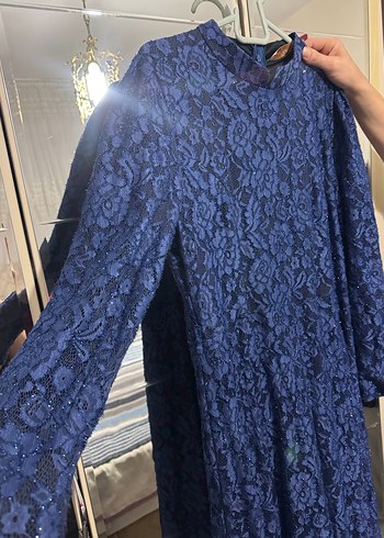 Lacivert Dantelli Uzun Kadın Elbise - Görsel 3