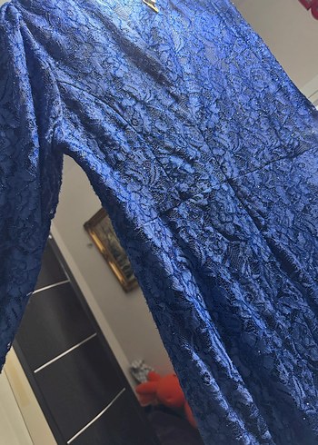 Lacivert Dantelli Uzun Kadın Elbise - Görsel 5