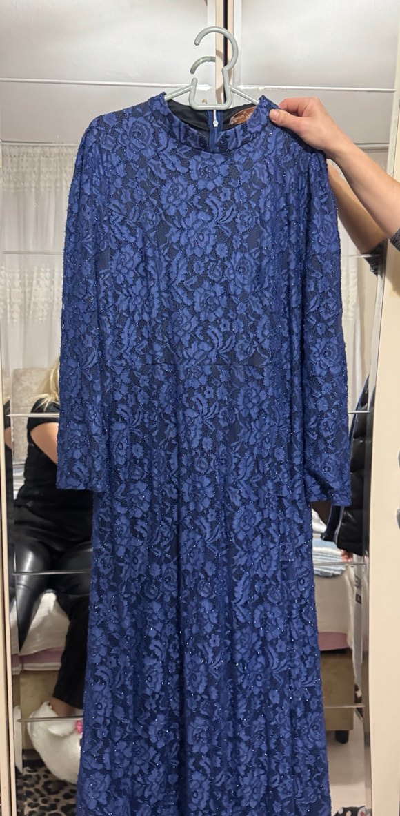 Lacivert Dantelli Uzun Kadın Elbise - Görsel 2